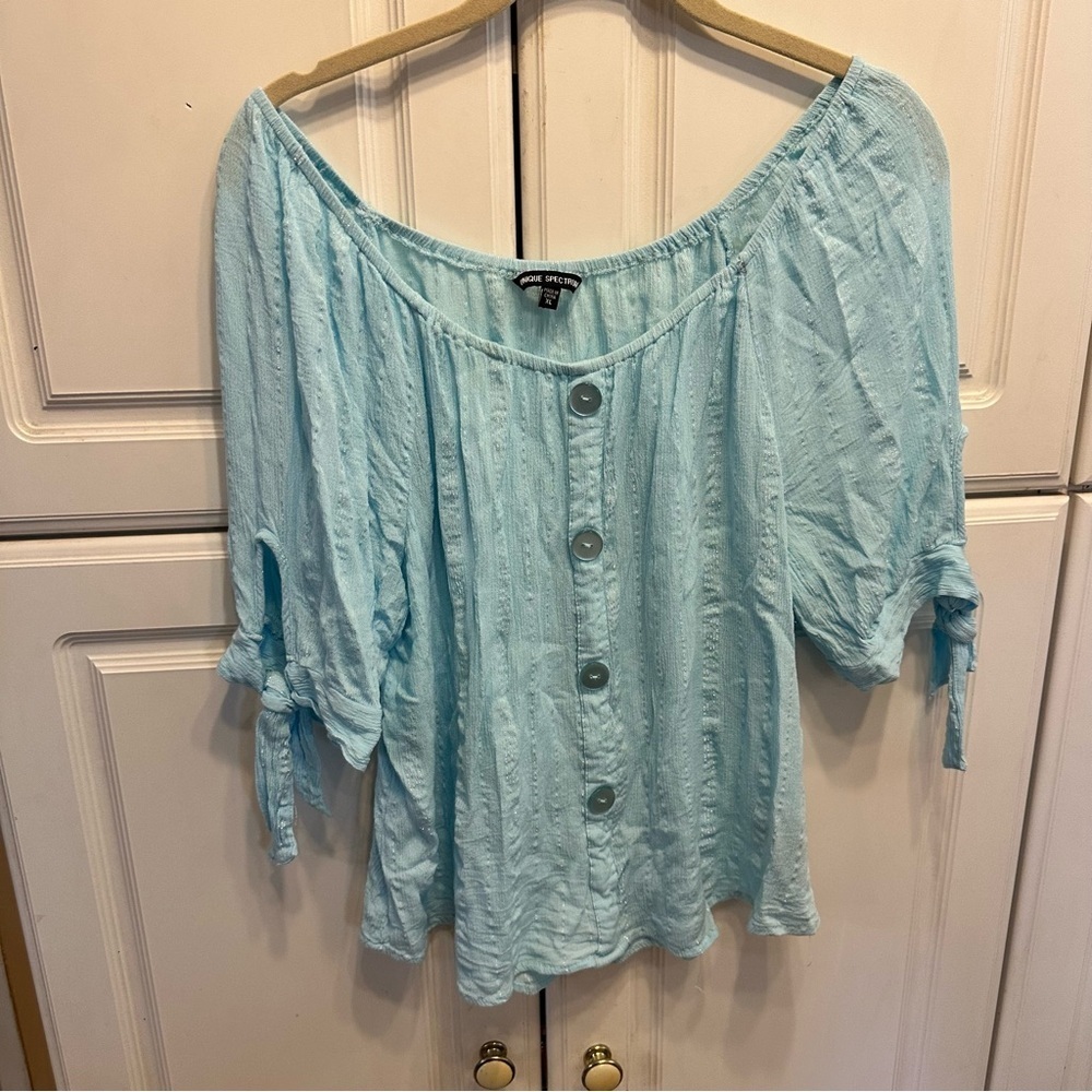 Unique Spectrum Light Aqua Button-Front Peasant Blouse with Tie Sleeves Size: XL